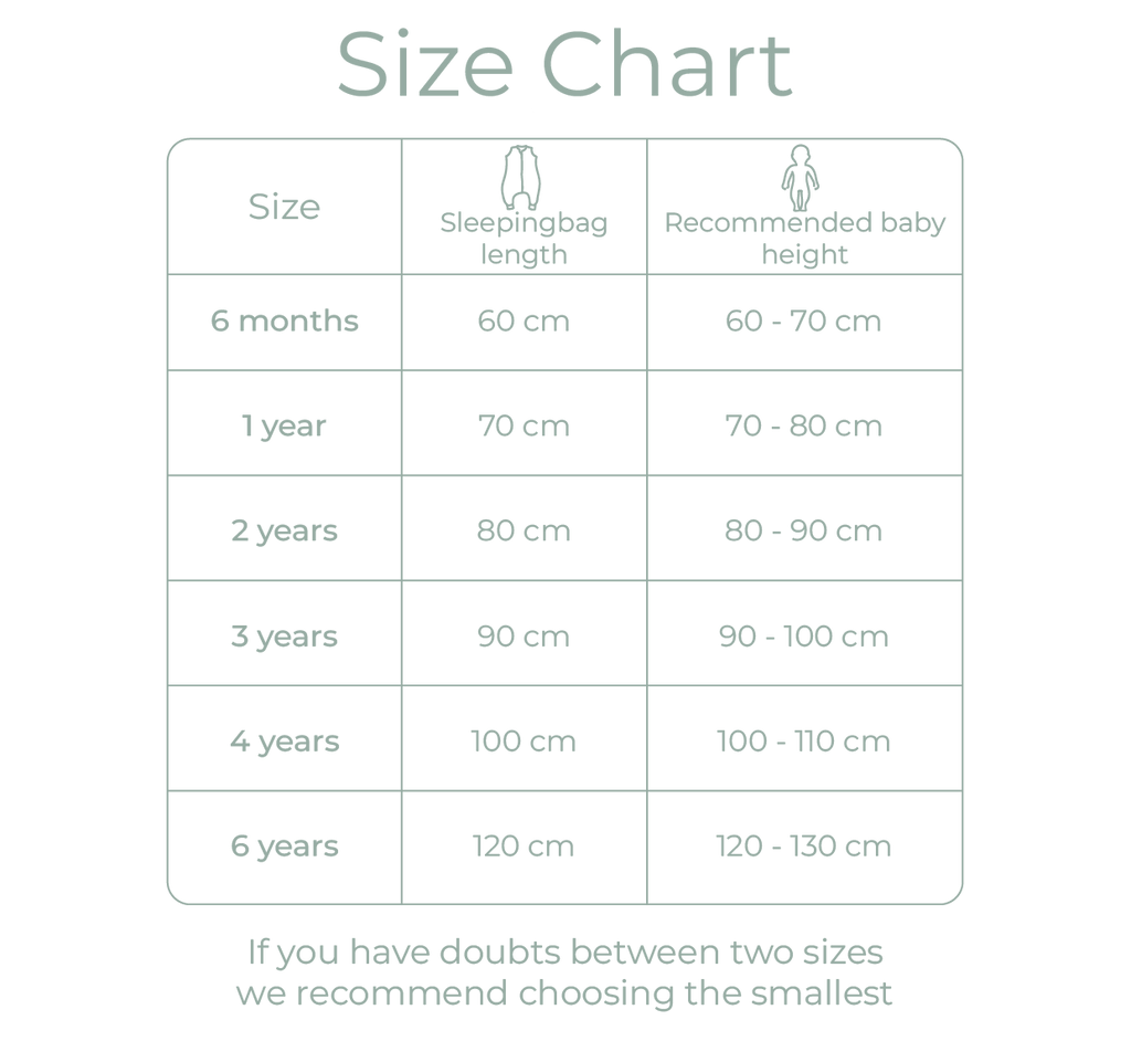Size guide of sleepingbags with feet for children