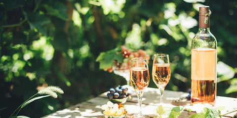 two glasses of rosé in a garden