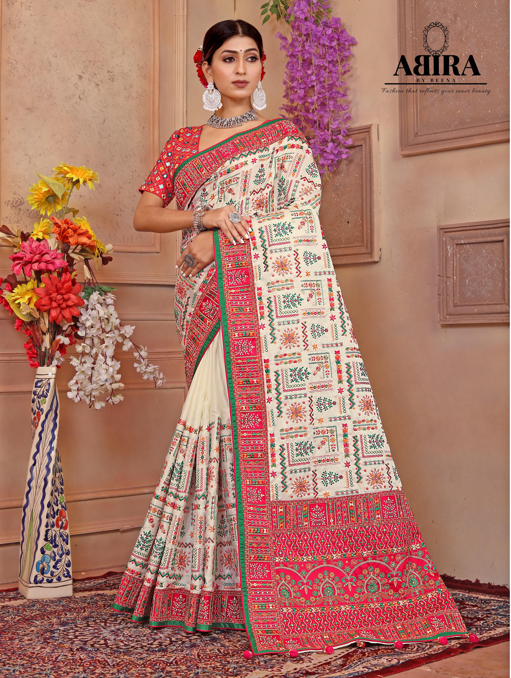 Off White & Red Patola Silk Saree - Urban Womania