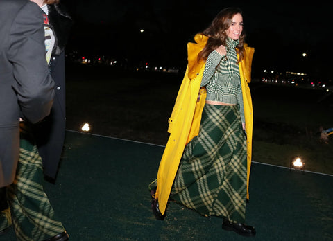woman in green checkered outfit and yellow coat