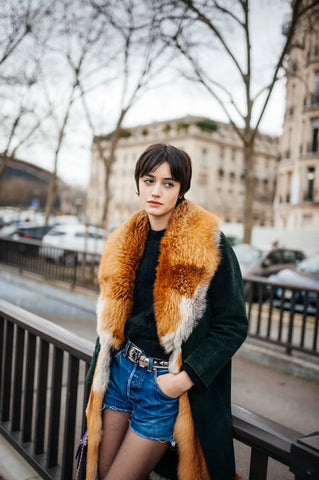 woman with a long overcoat with faux fur collar and denim shorts