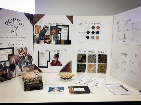 Tri fold post board displaying the branding and design process for poppy california also known as the cosmic poppy