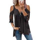 Summer T Shirt Women 2022 New Hollow Out T-shirts Zipper V  Neck Lace Sleeves Knitted T-shirt Solid Color Sexy Lady Tops