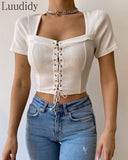 Women Eyelet Lace Up Solid Color Square Neck Crop Top