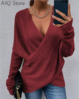 Women Sweater Wrap Front Long Sleeve V-Neck Sweaters