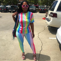 2021 Summer New Women&#39;s Clothing Sexy Fashion Casual Cotton Printed Rainbow Stripe Two-Piece Suit