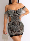 Sexy backless rhinestone corset summer dress women glitter mini club party dress off shoulder mesh bodycon dress evening dresses