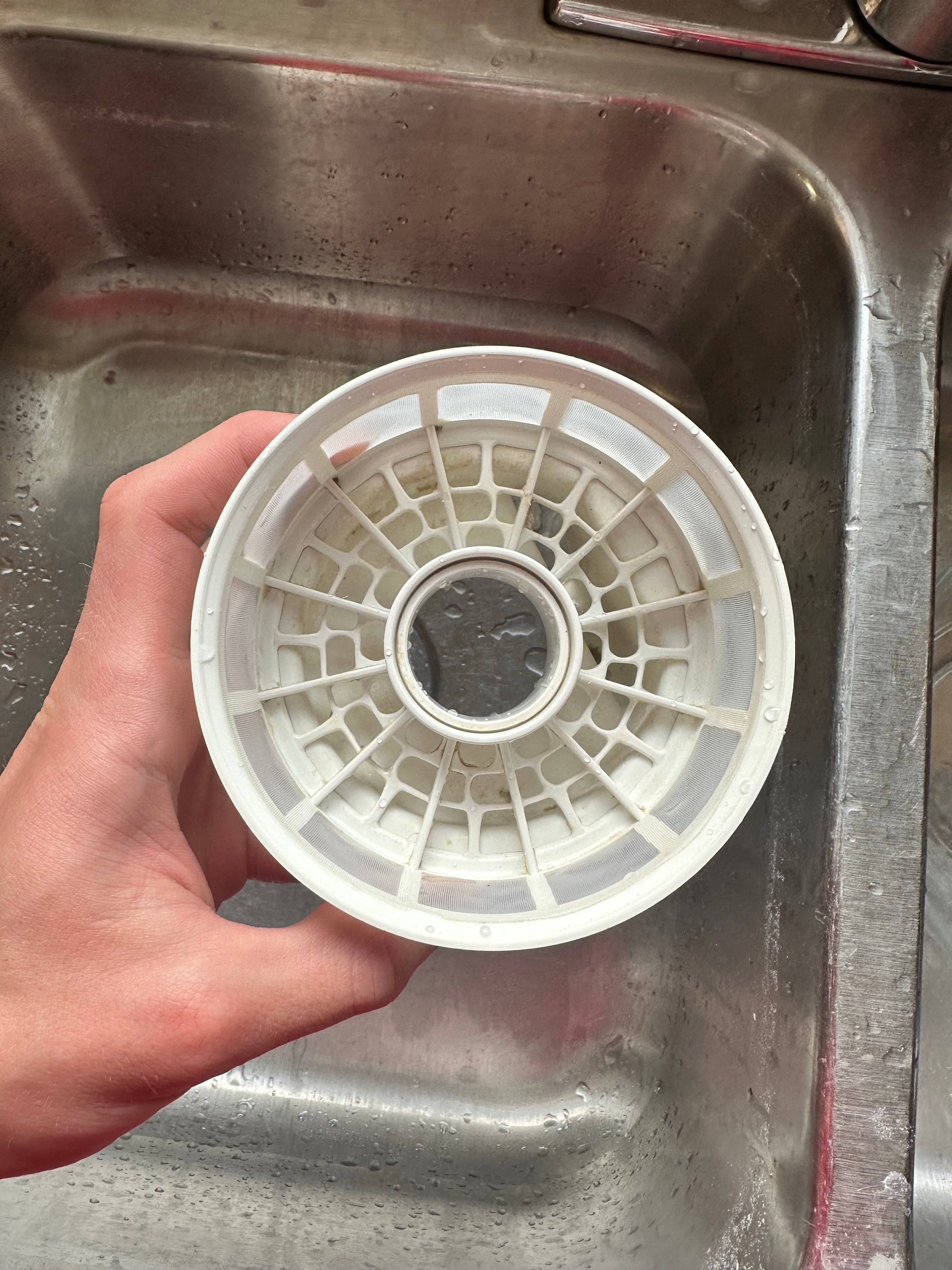 the center view of a dishwasher filter after it has been cleaned with Stain Solver