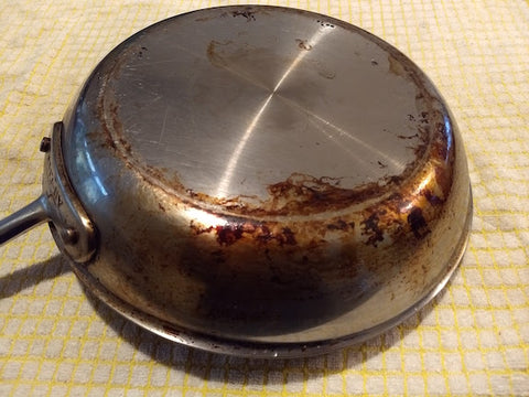 a pan with baked on grease on the bottom of it