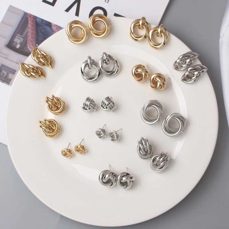 Twisted Metal Hollow Geometric Design Stud Earrings for Women