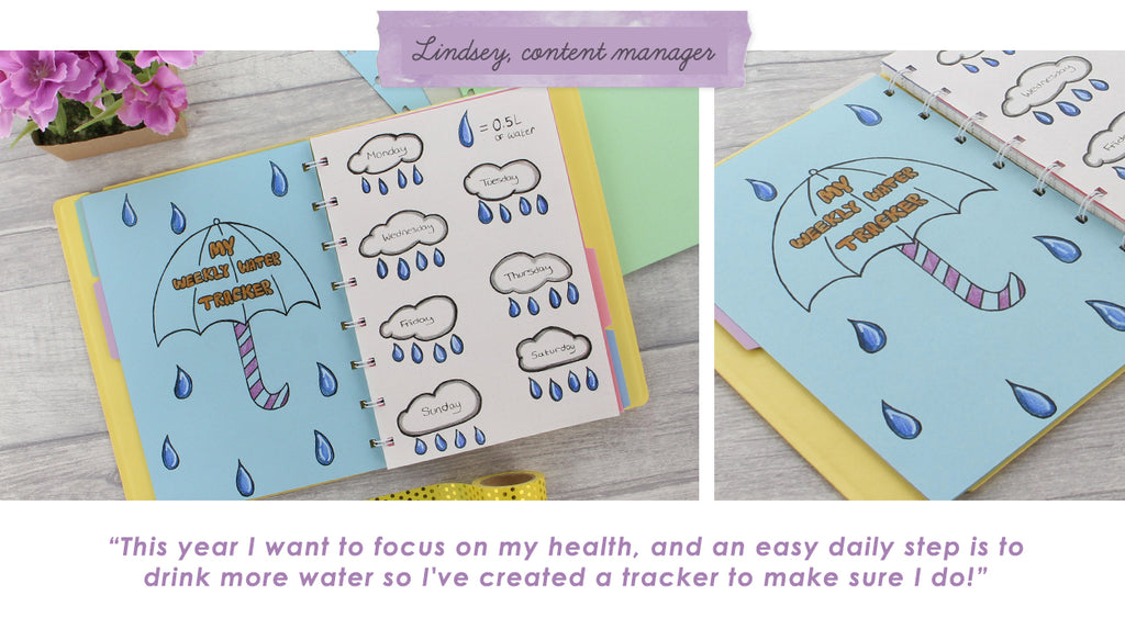 Quote from Lindsey, content manager - This year I want to focus on my health, and an easy daily step is to drink more water so I've created a tracker to make sure I do.