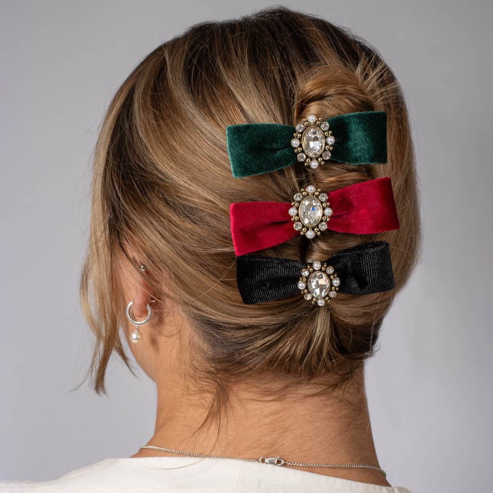 Velvet And Pearl Bow Hair Clip In Deep Red