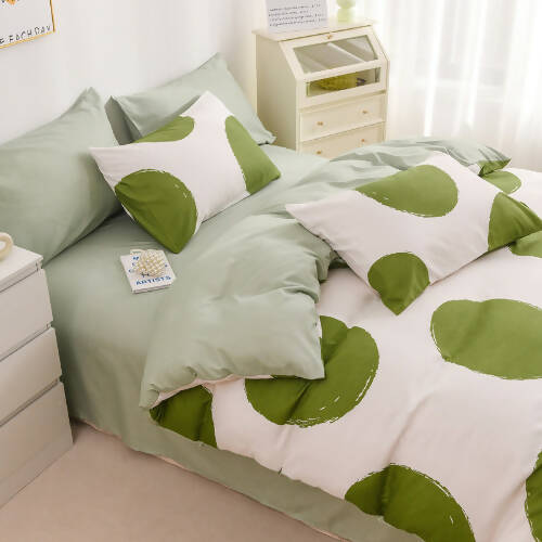 Queen/Double size 6 pieces Bedding Set without filler, Green Color Dots design