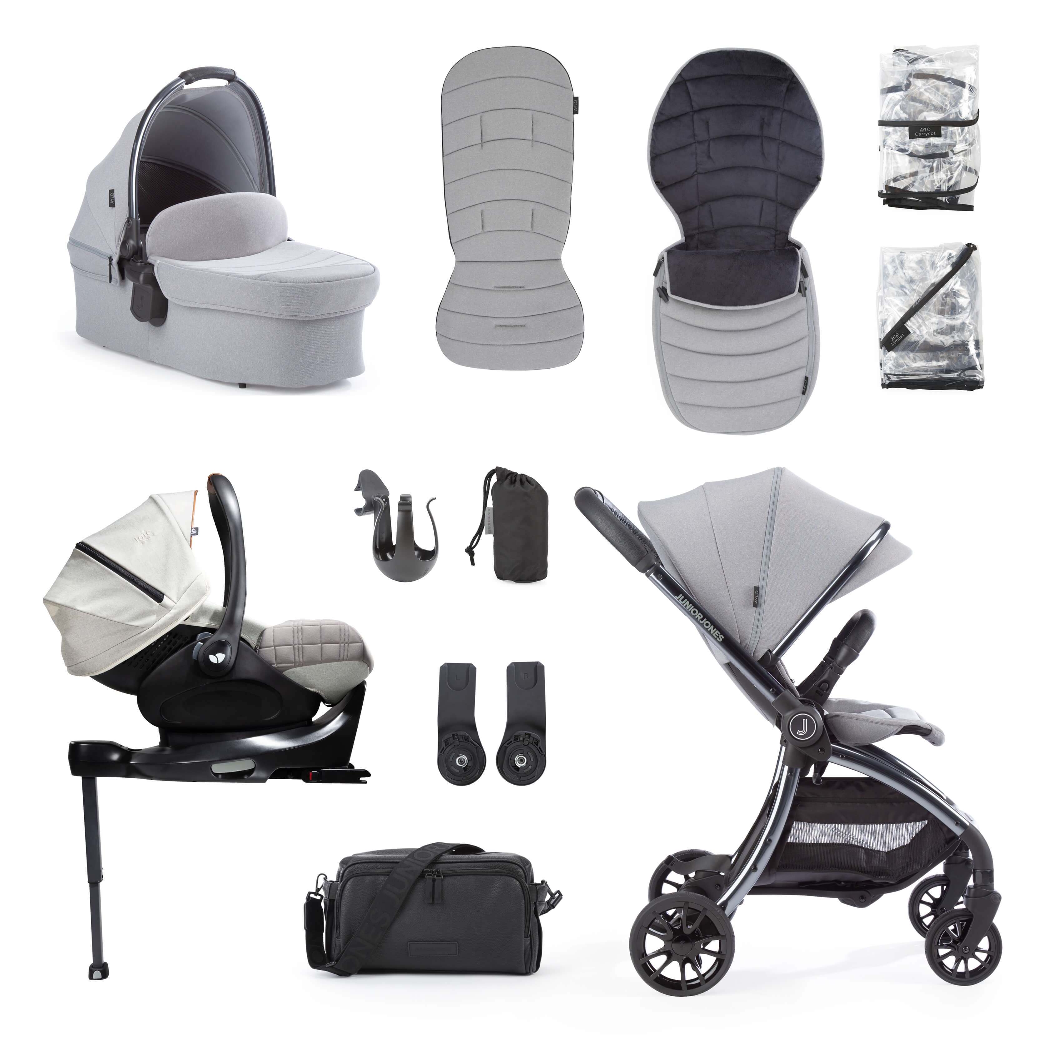 Aylo Pebble Grey 12pc Travel System inc Joie Oyster Car Seat