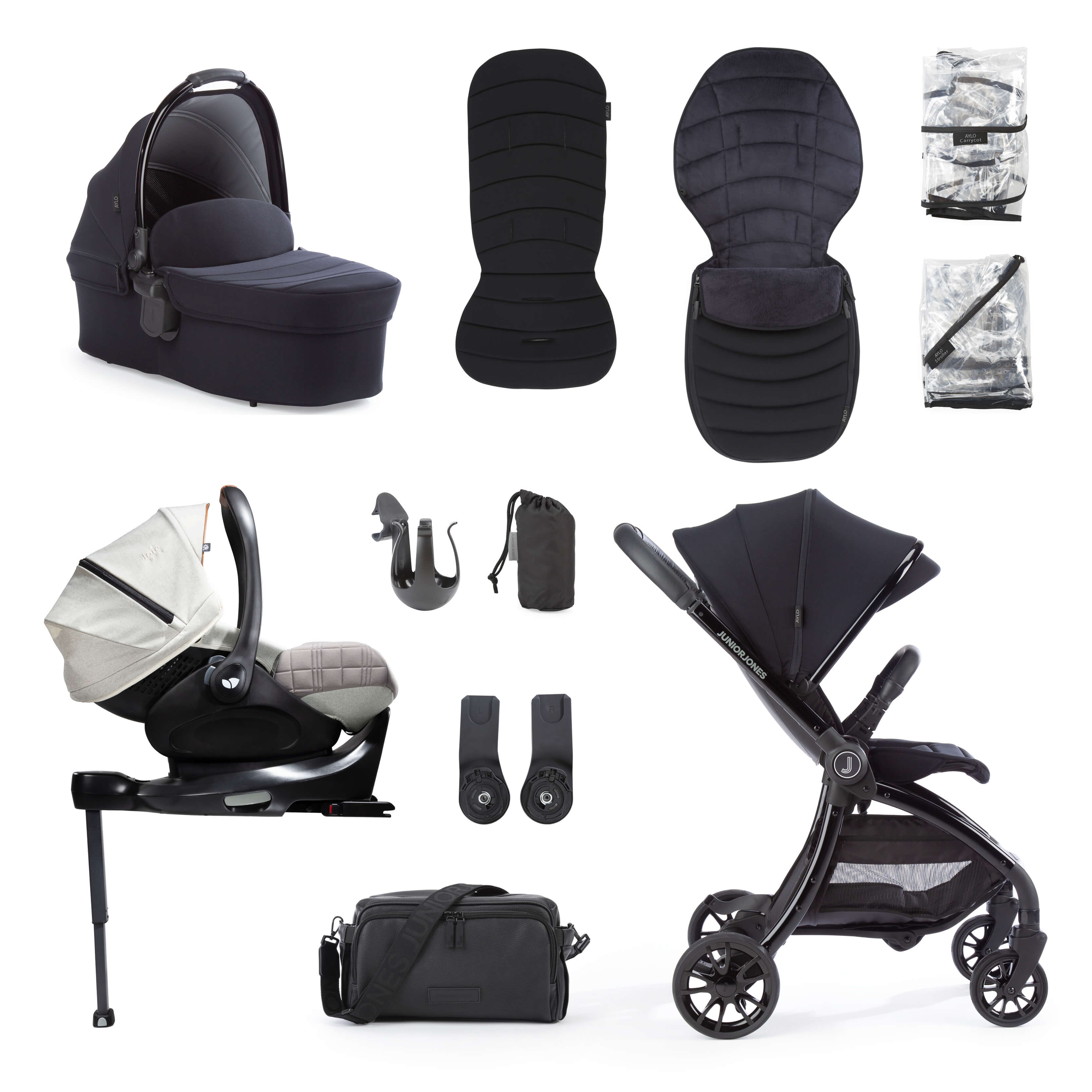 Aylo Rich Black 12pc Travel System inc Joie Oyster Car Seat