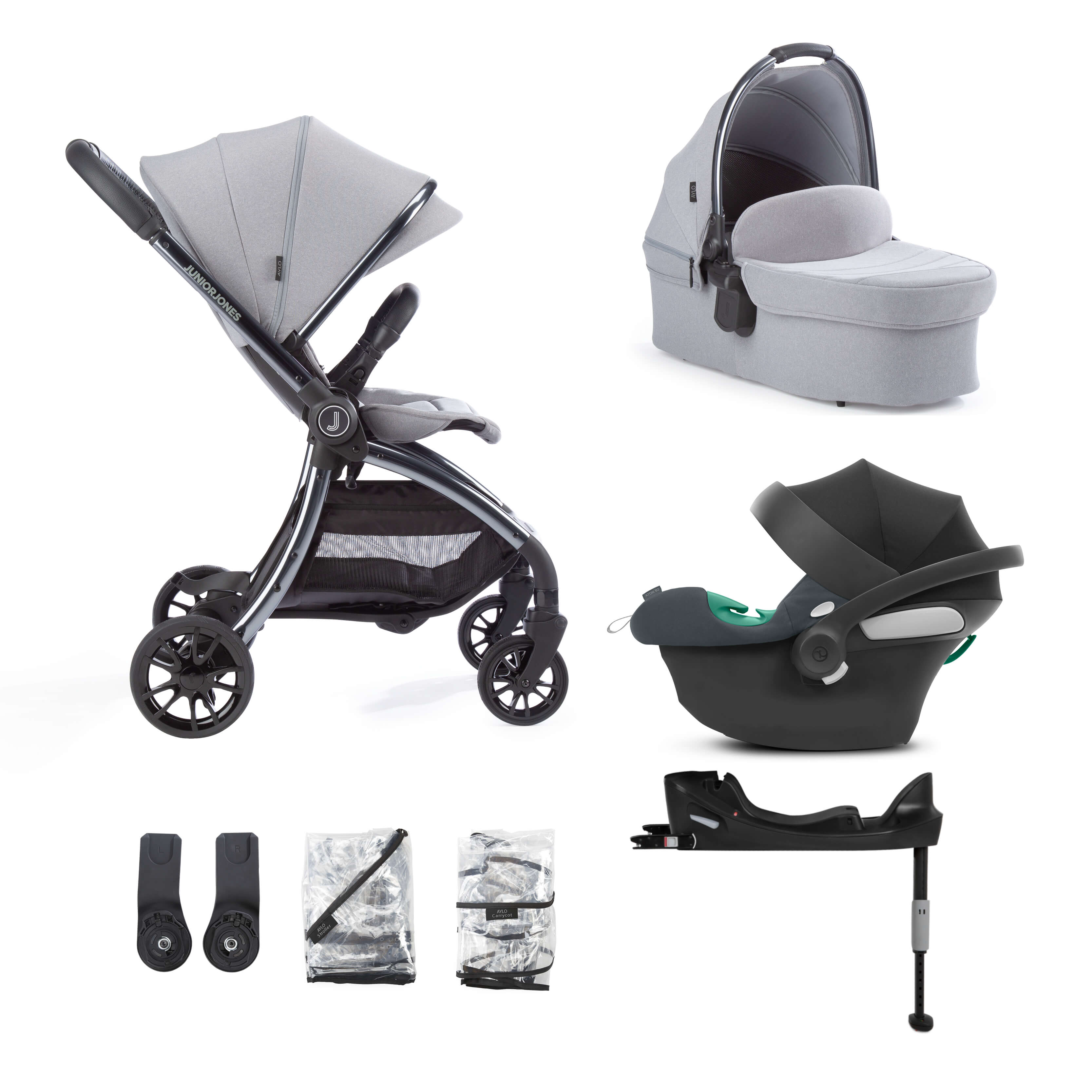 Aylo Pebble Grey 7pc Travel System inc Cybex Steel Grey Car Seat