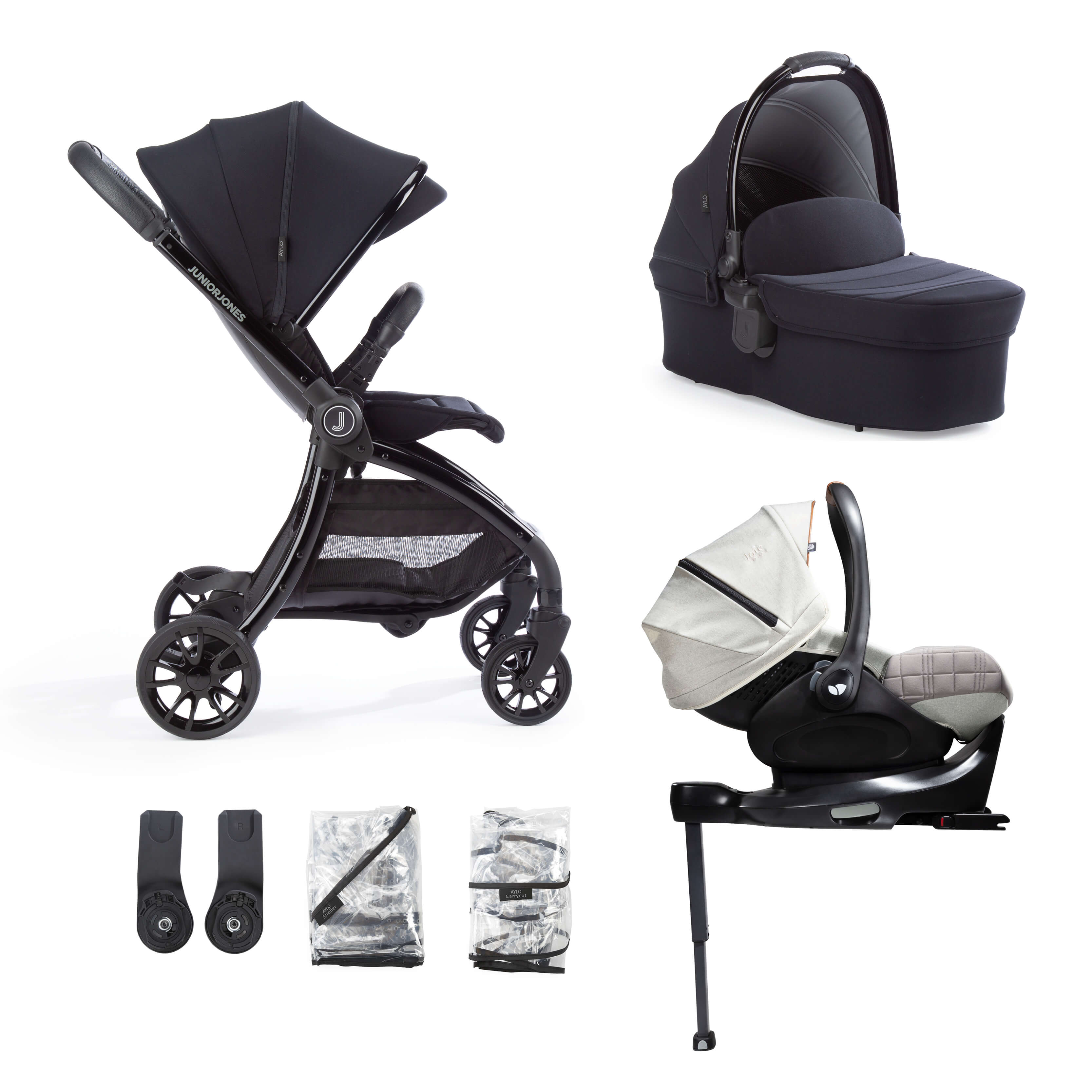 Aylo Rich Black 7pc Travel System inc Joie Oyster Car Seat