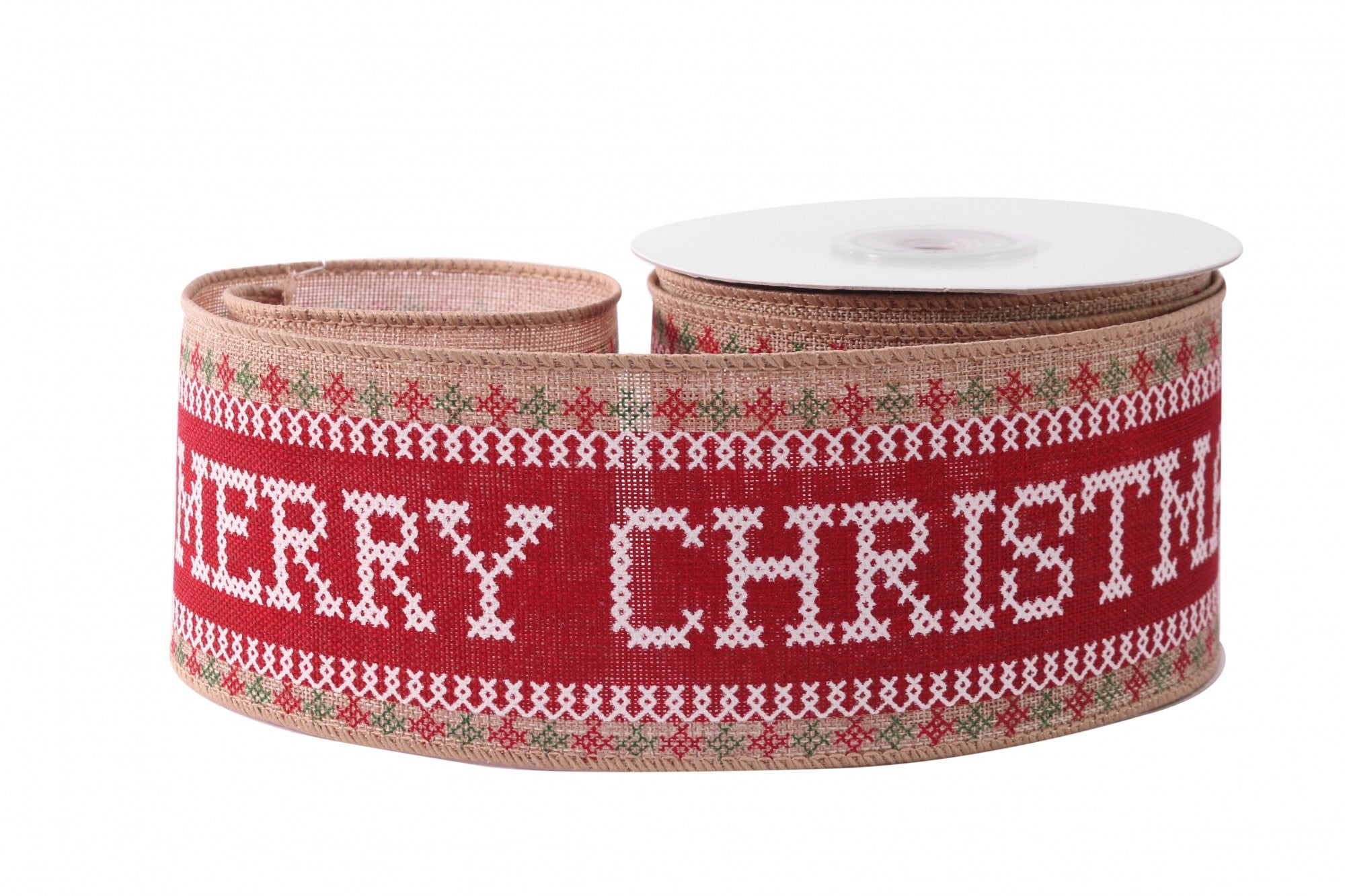 View Merry Christmas Cross Stitch RedWhiteGreen Ribbon 63mm x 10yds information