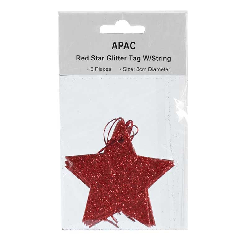 View Red Star Glitter Tags WString 6 pk information