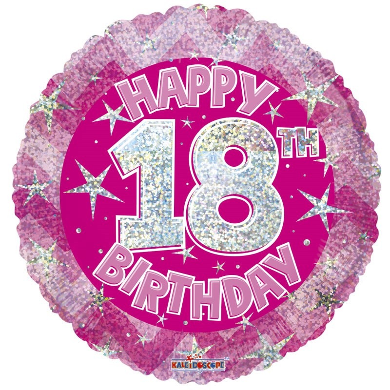 View Pink Holographic Happy 18th Birthday Balloon 18 inch information