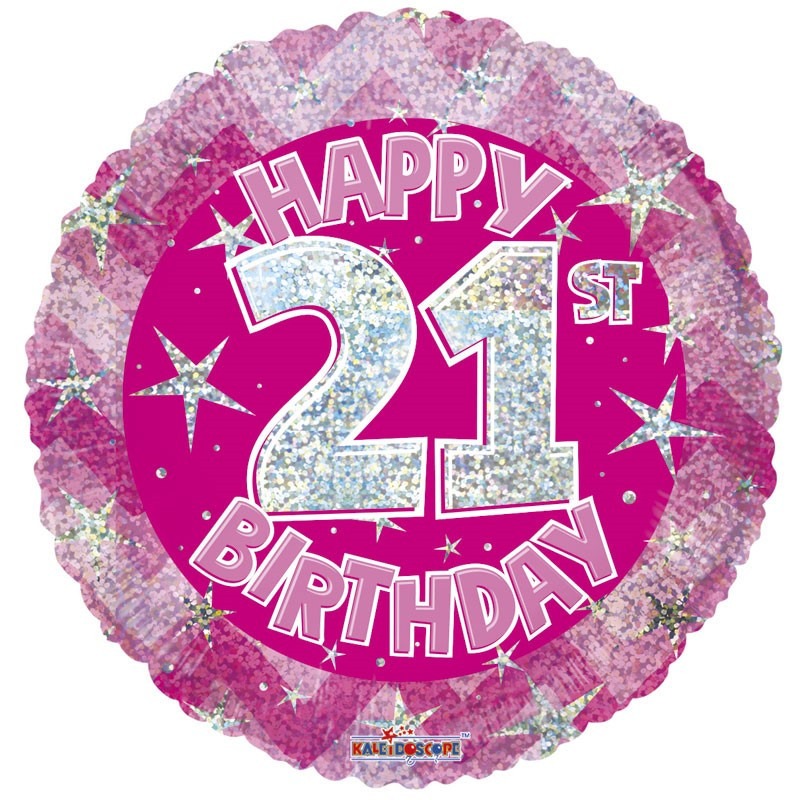 View Pink Holographic Happy 21st Birthday Balloon 18 inch information