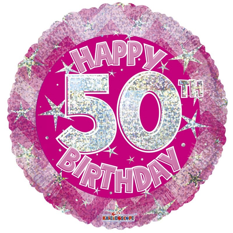 View Pink Holographic Happy 50th Birthday Balloon 18 inch information