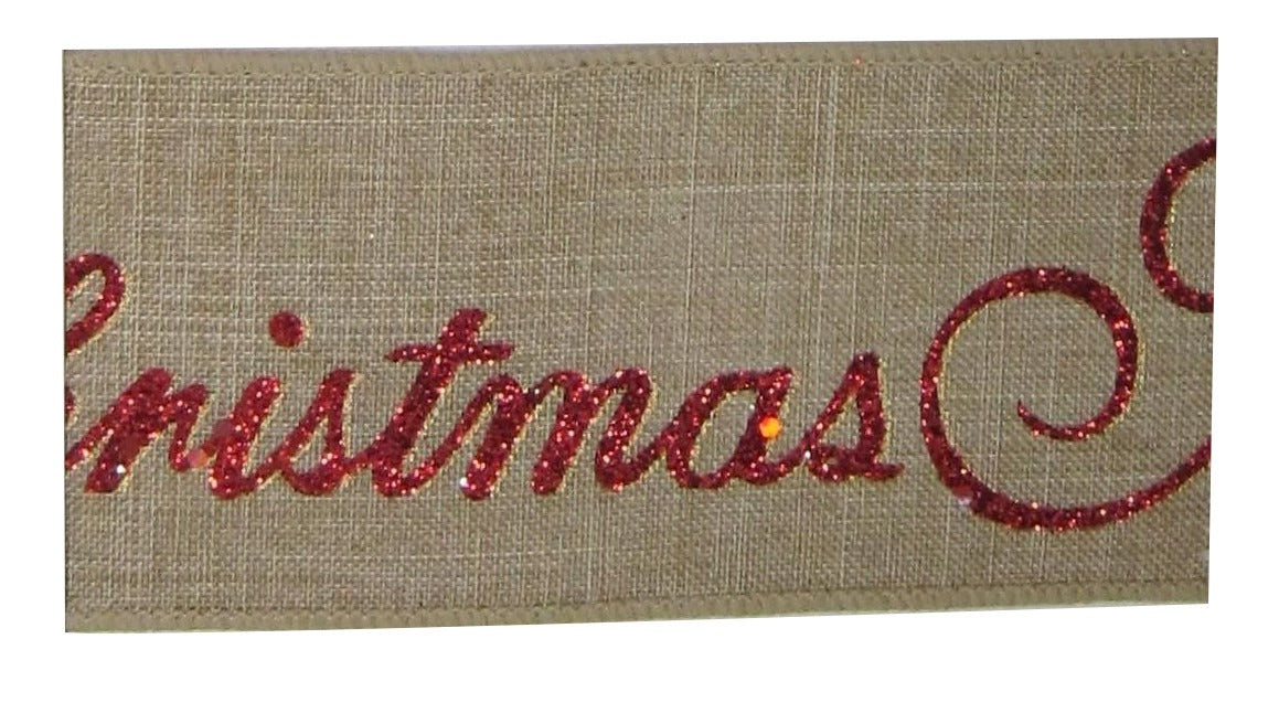 View Natural with red glitter Merry Christmas Ribbon 63mm information