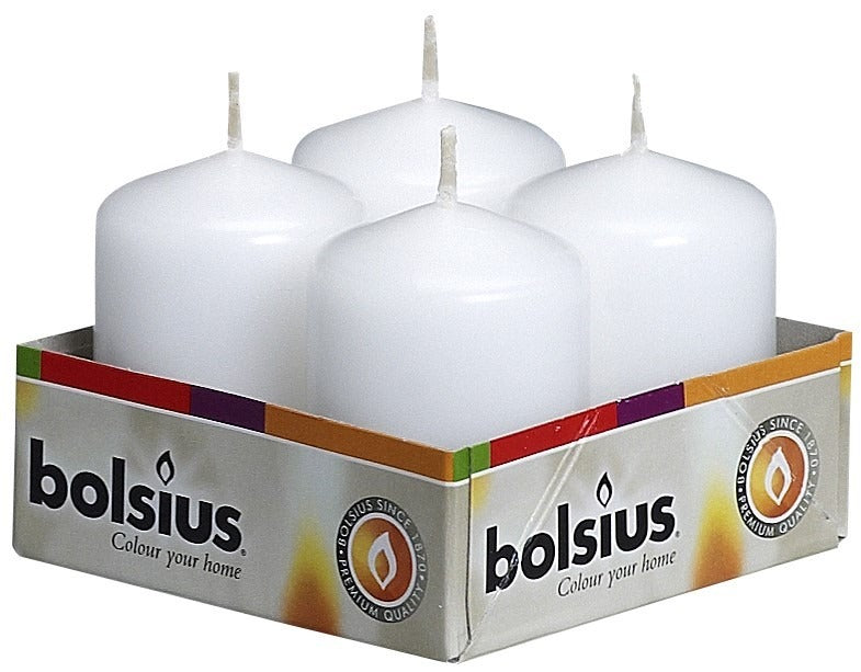 View Bolsius Pillar candles White 60 x 40 mm tray of 4 information