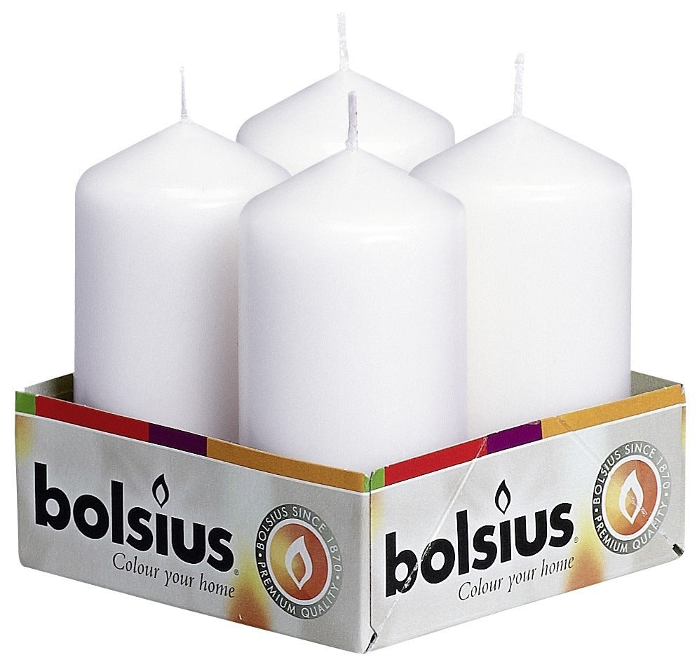 View Bolsius Pillar candles White tray 4 10048 mm information