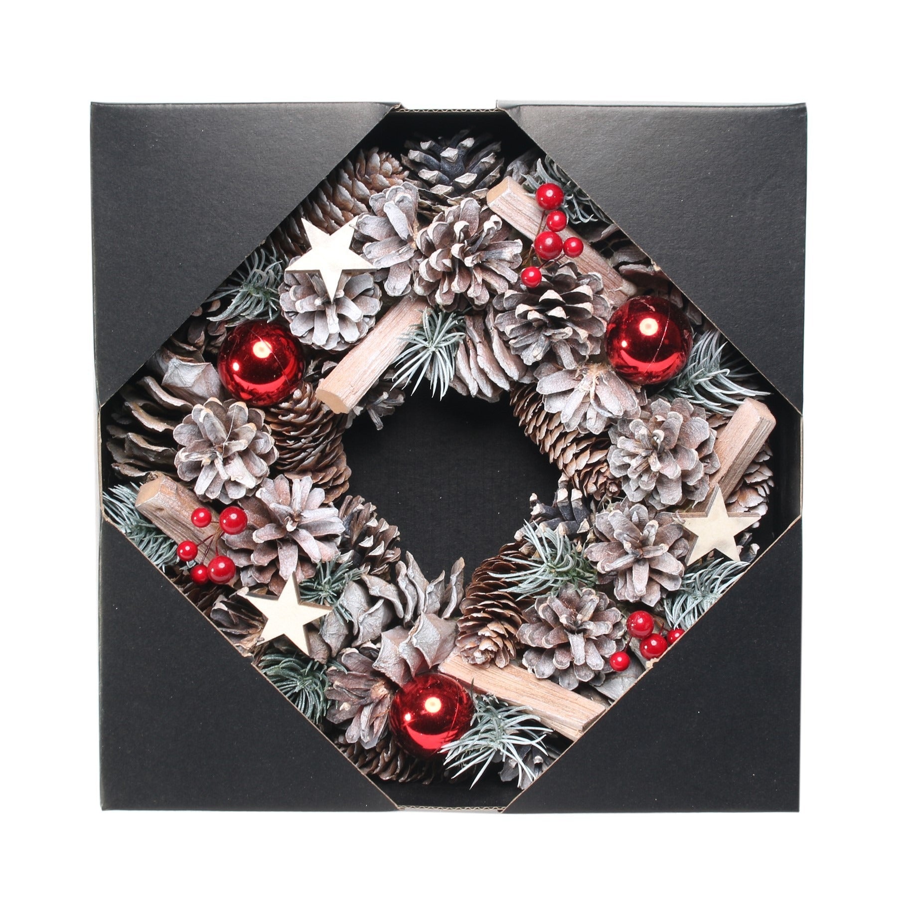 View Woodland Snow Wreath with Red Baubles information