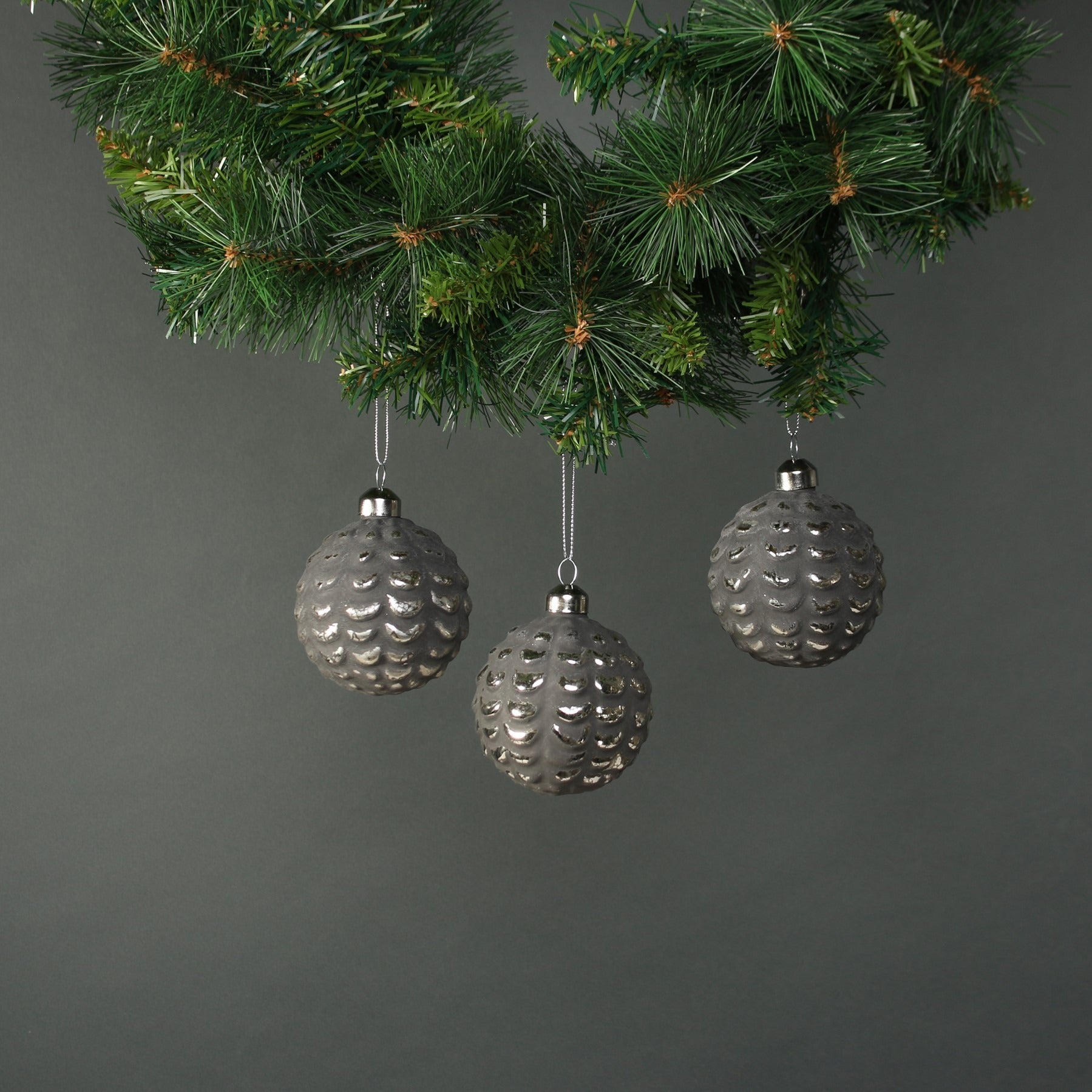 View Naida 8cm Glass Acorn Bauble Pewter Silver Set of 4 information