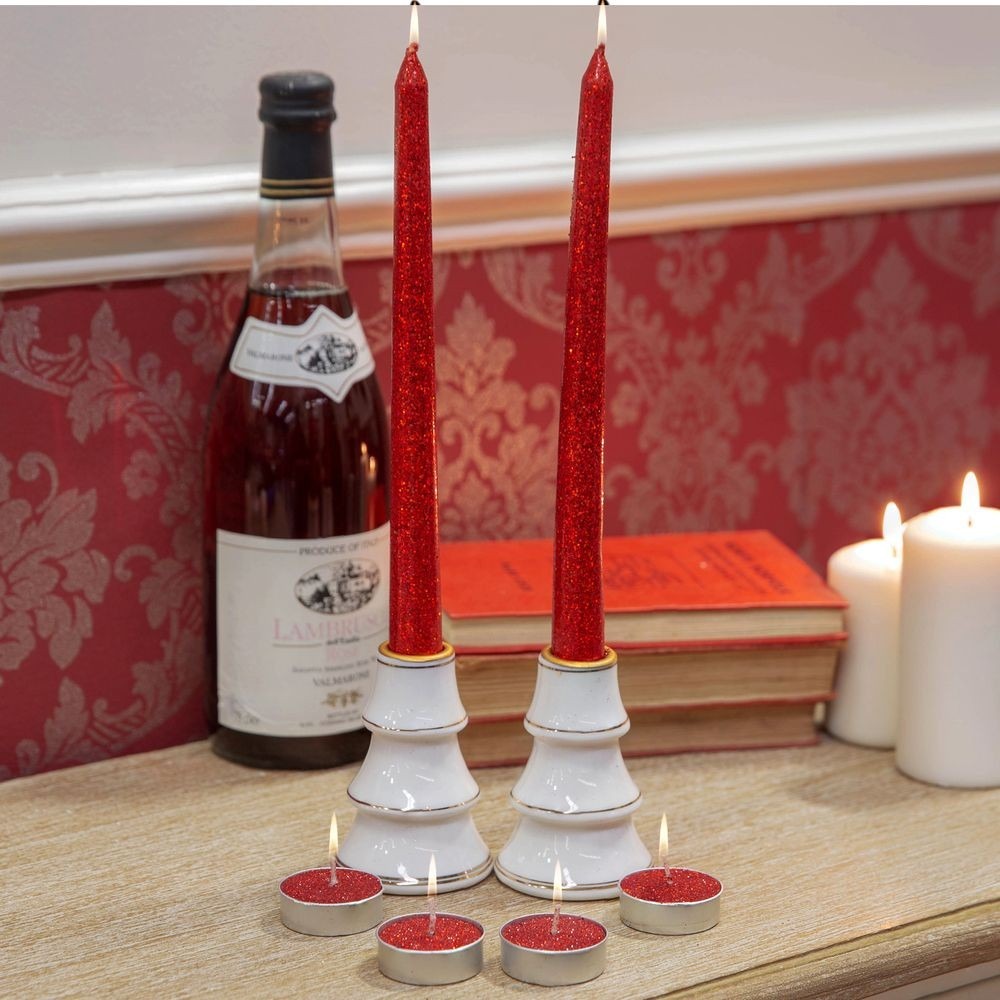 View Set of 6 Red Glitter Tealight Dinner Candles information