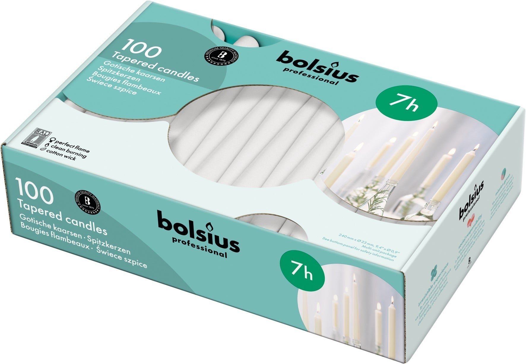 View 100 Bolsius Professional Tapered Candles White 240mm23mm information