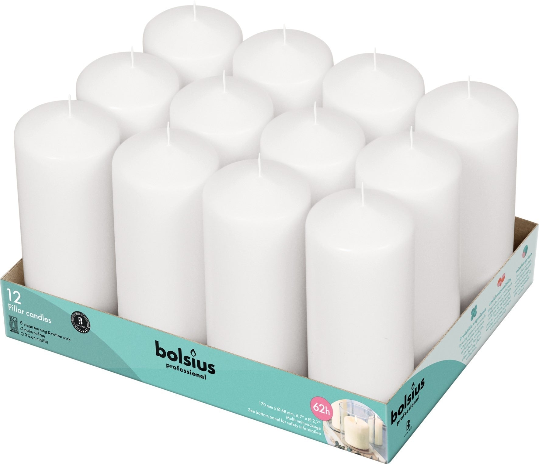 View 12 Bolsius Professional Pillar Candles White 16868mm information
