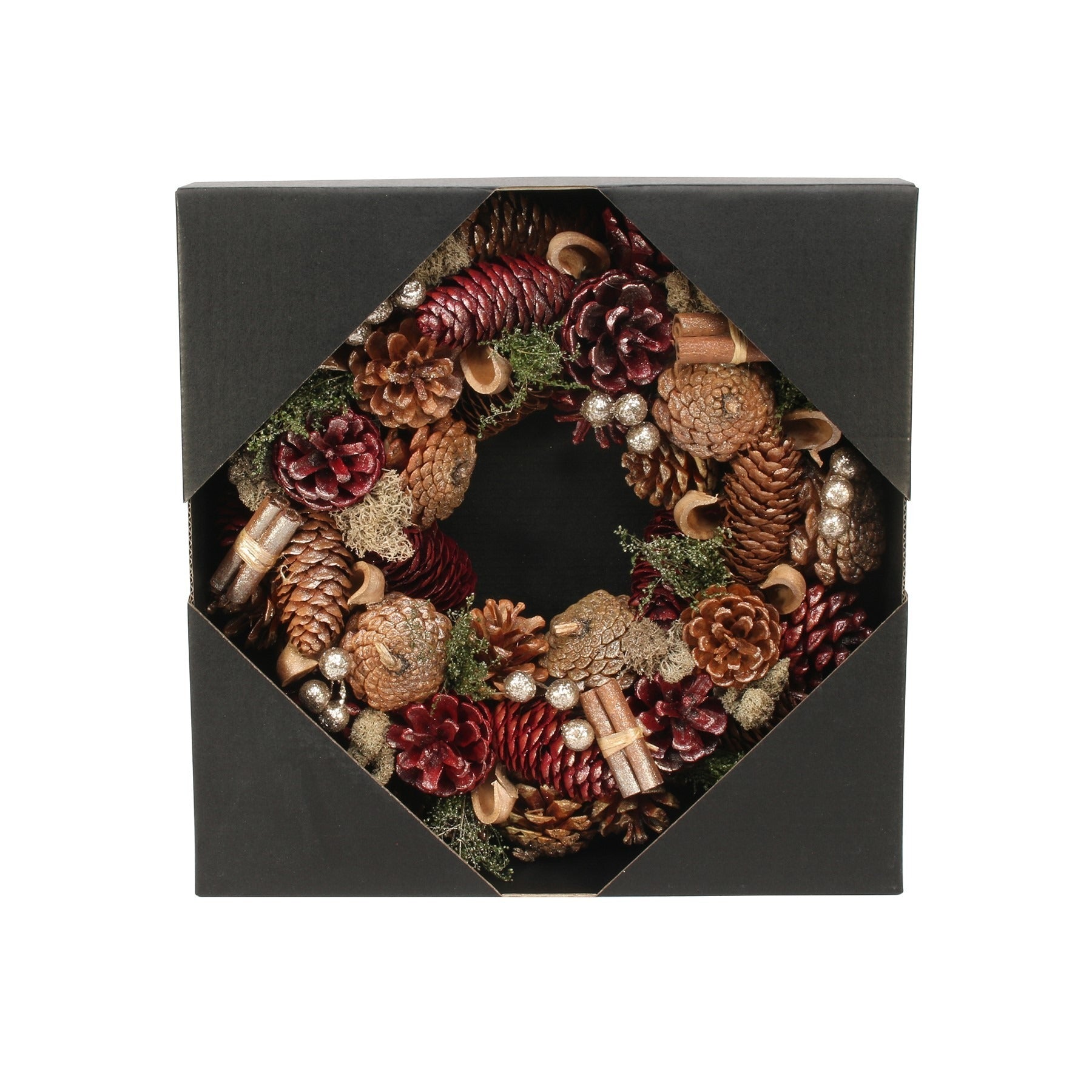 View Burgundy Pine Cone Cinnamon wreath 30cm information