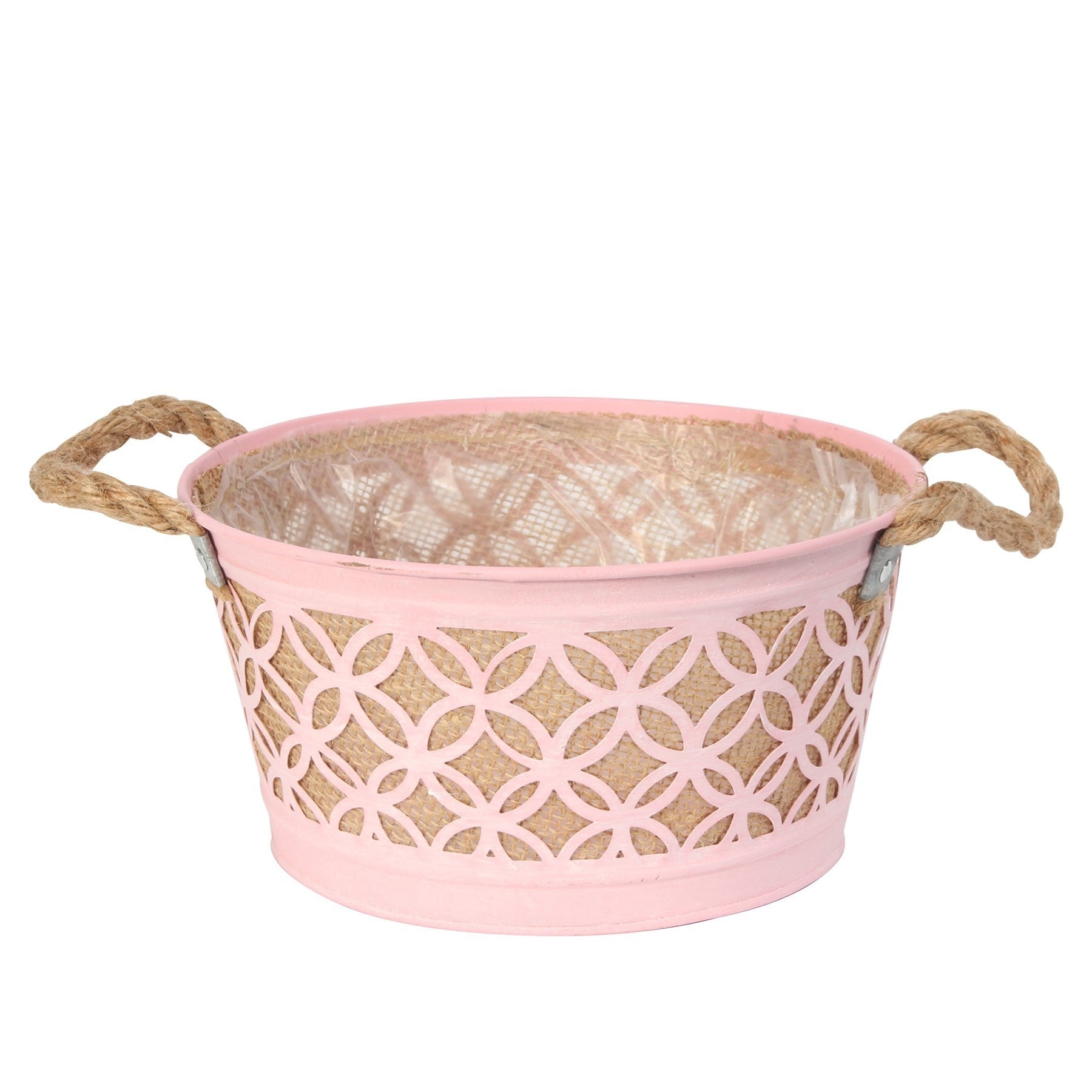 View Round Pink Zinc Planter with Hessian Liner Rope Handles information