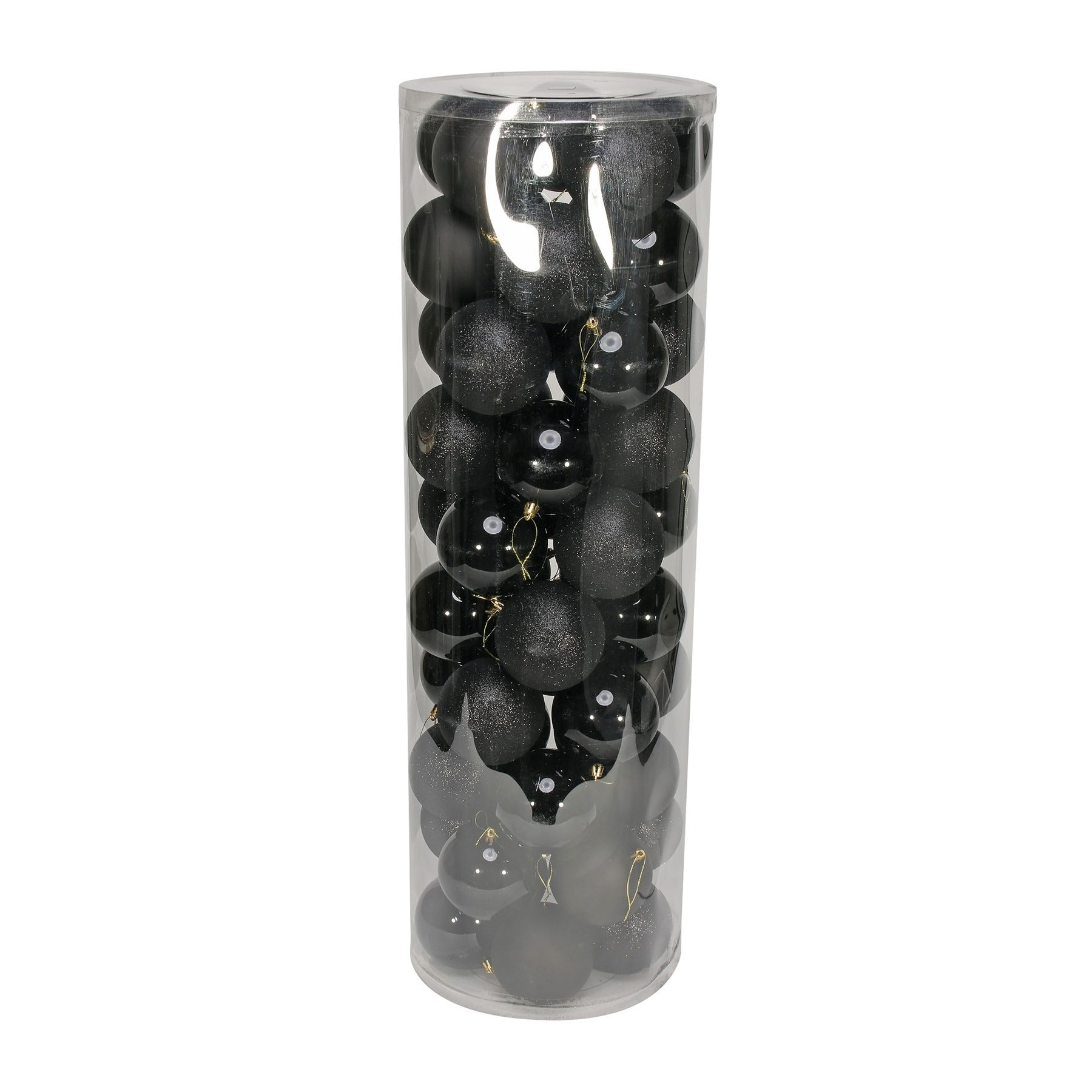 View 50 Black Baubles in Matt Shiny Glitter Finish 10cm information