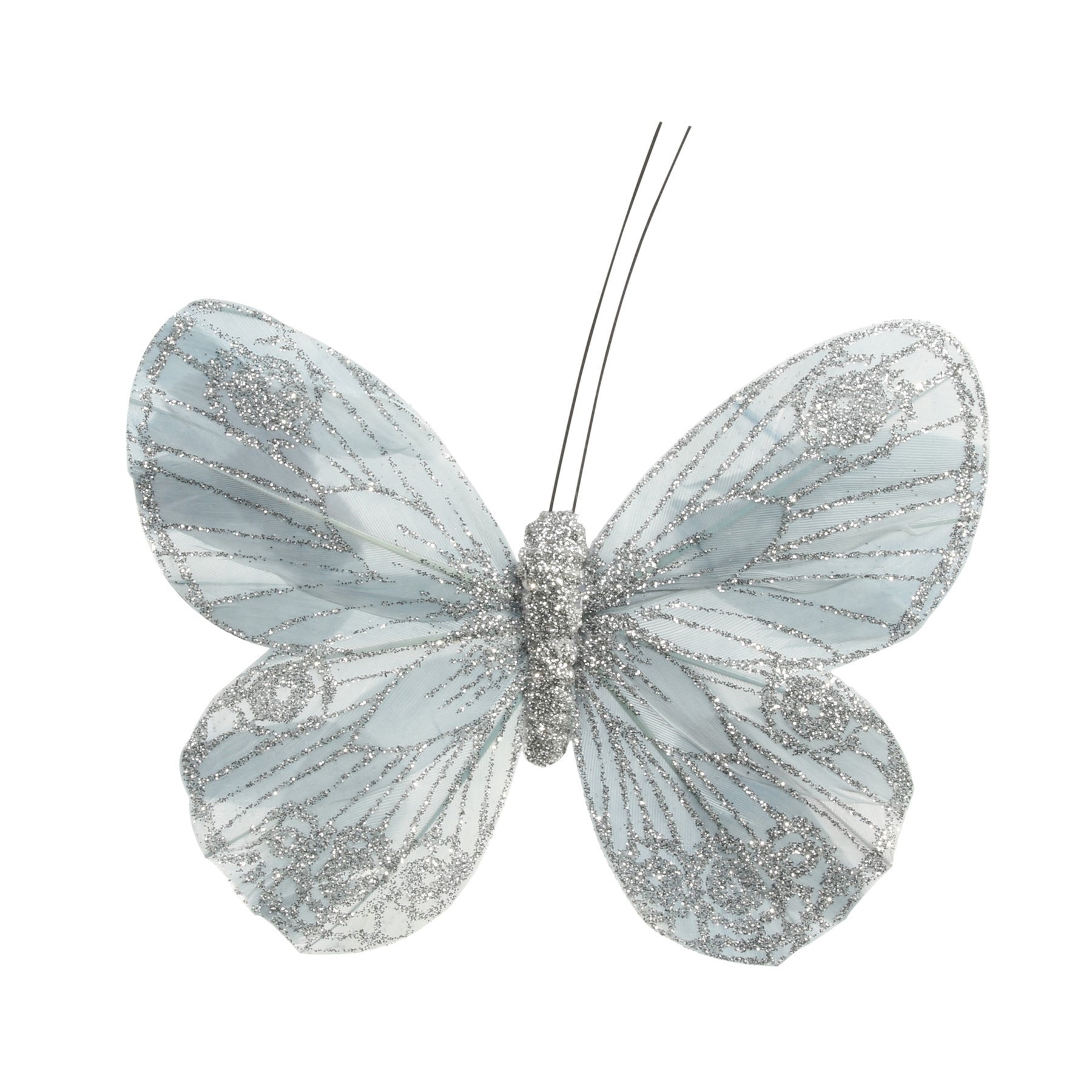 View 12cm Silver Feather Glitter Butterfly Pack of 12 information