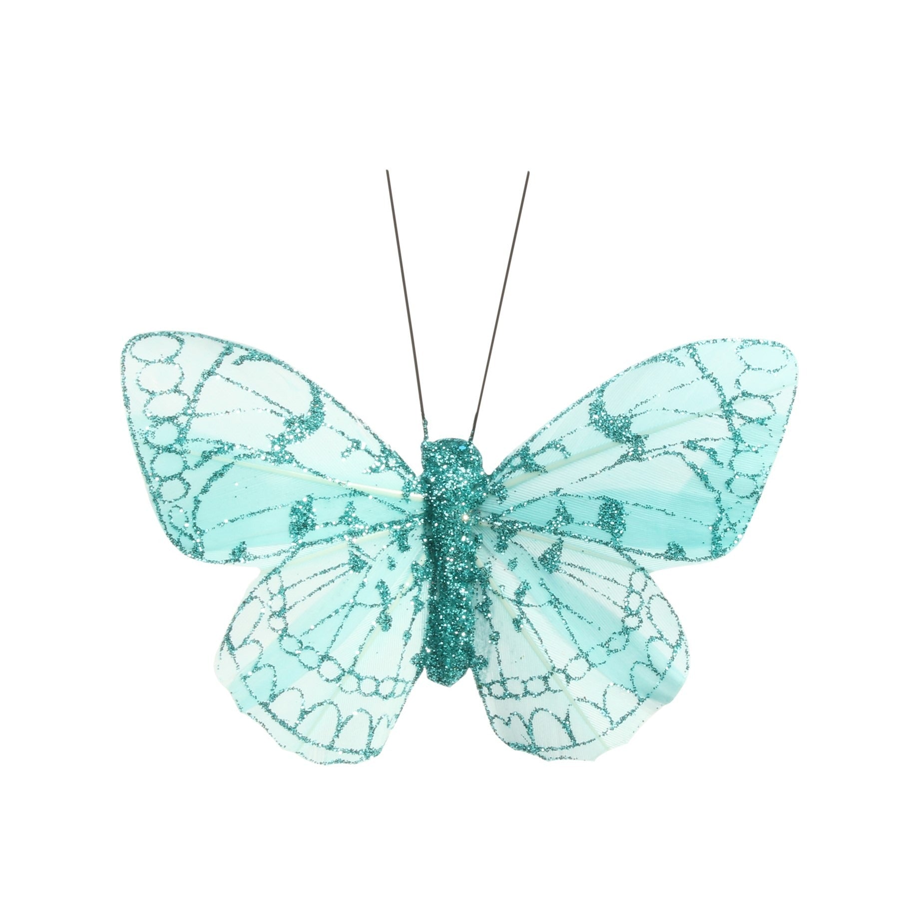 View 8cm Turquoise Feather Glitter Butterfly Pack of 12 information
