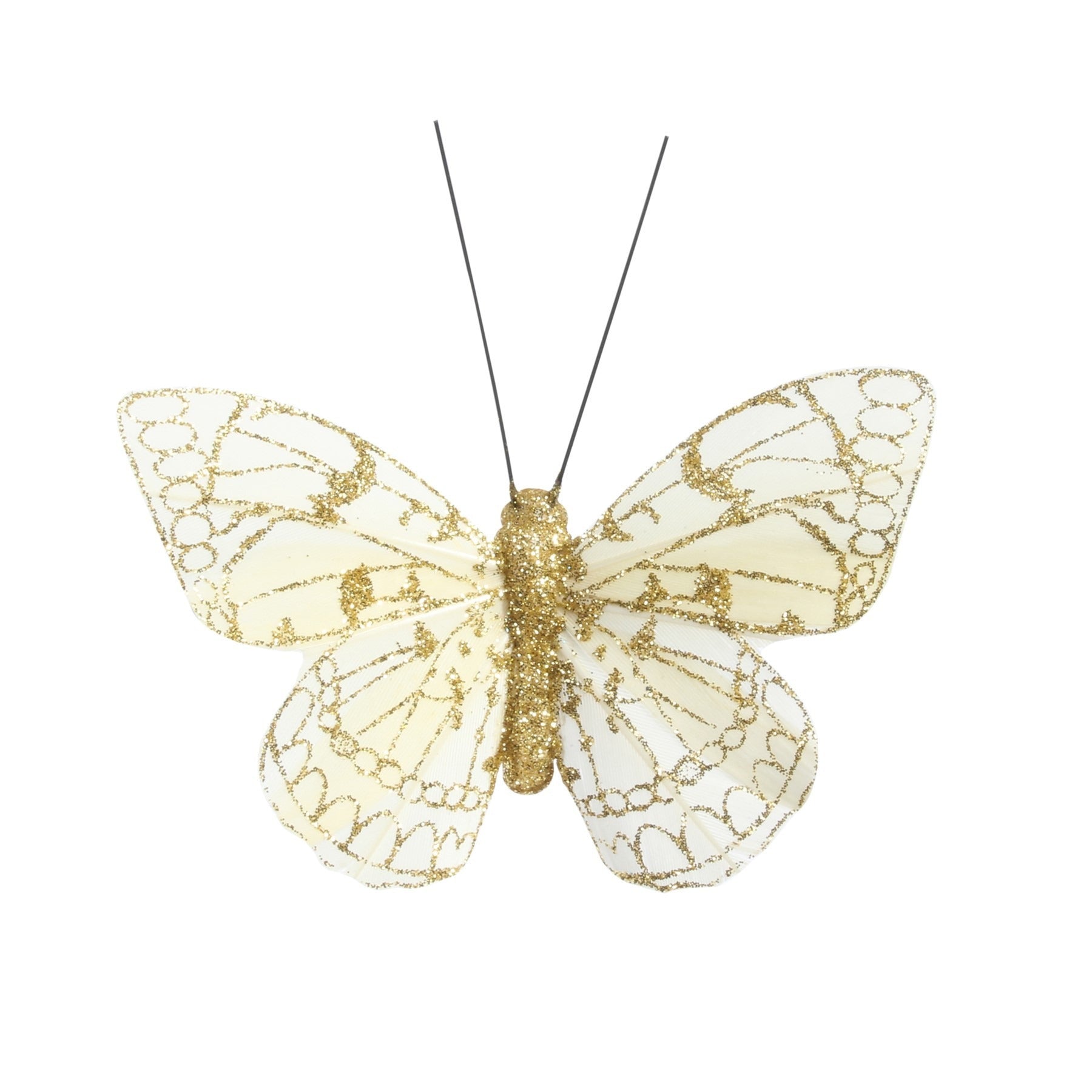 View 8cm CreamGold Feather Glitter Butterfly Pack of 12 information