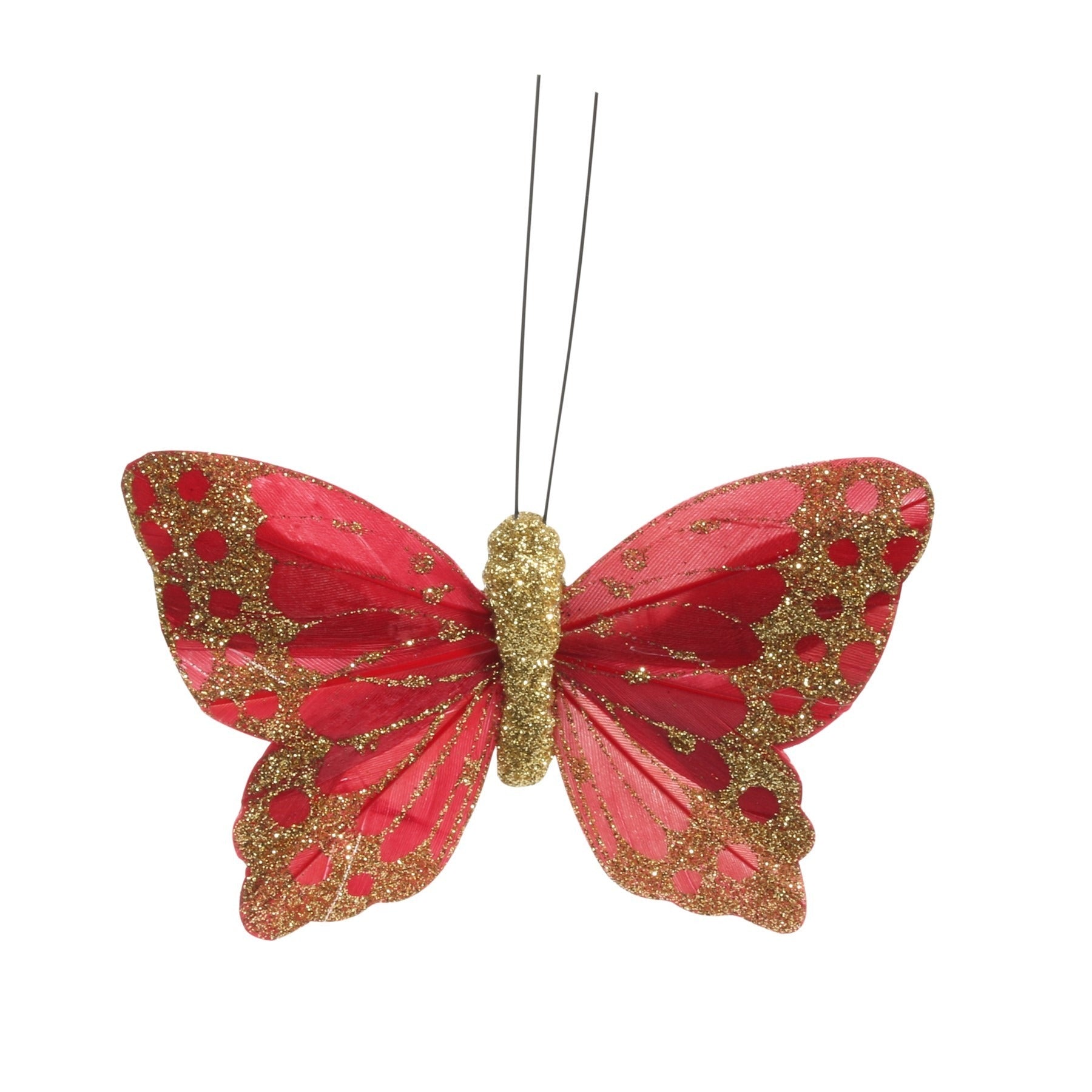 View 9cm RedGold Feather Glitter Butterfly Pack of 12 information