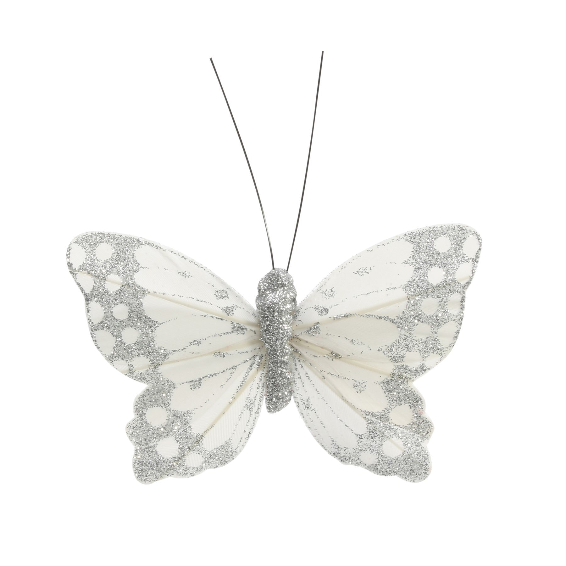 View 9cm Silver Ivory Feather Glitter Butterfly Pack of 12 information