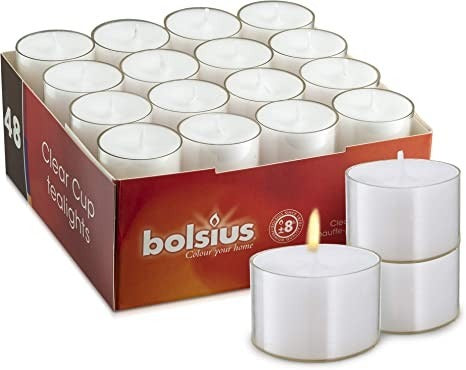 View Bolsius Tea Lights Clear Cup 8 Hour Box of 48 information
