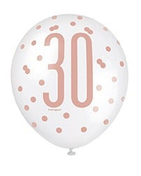 View Assorted Rose Gold and White All Over Print 30th Latex Balloon information