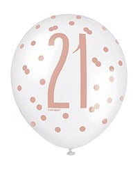 View Assorted Rose Gold and White All Over Print 21st Latex Balloon information