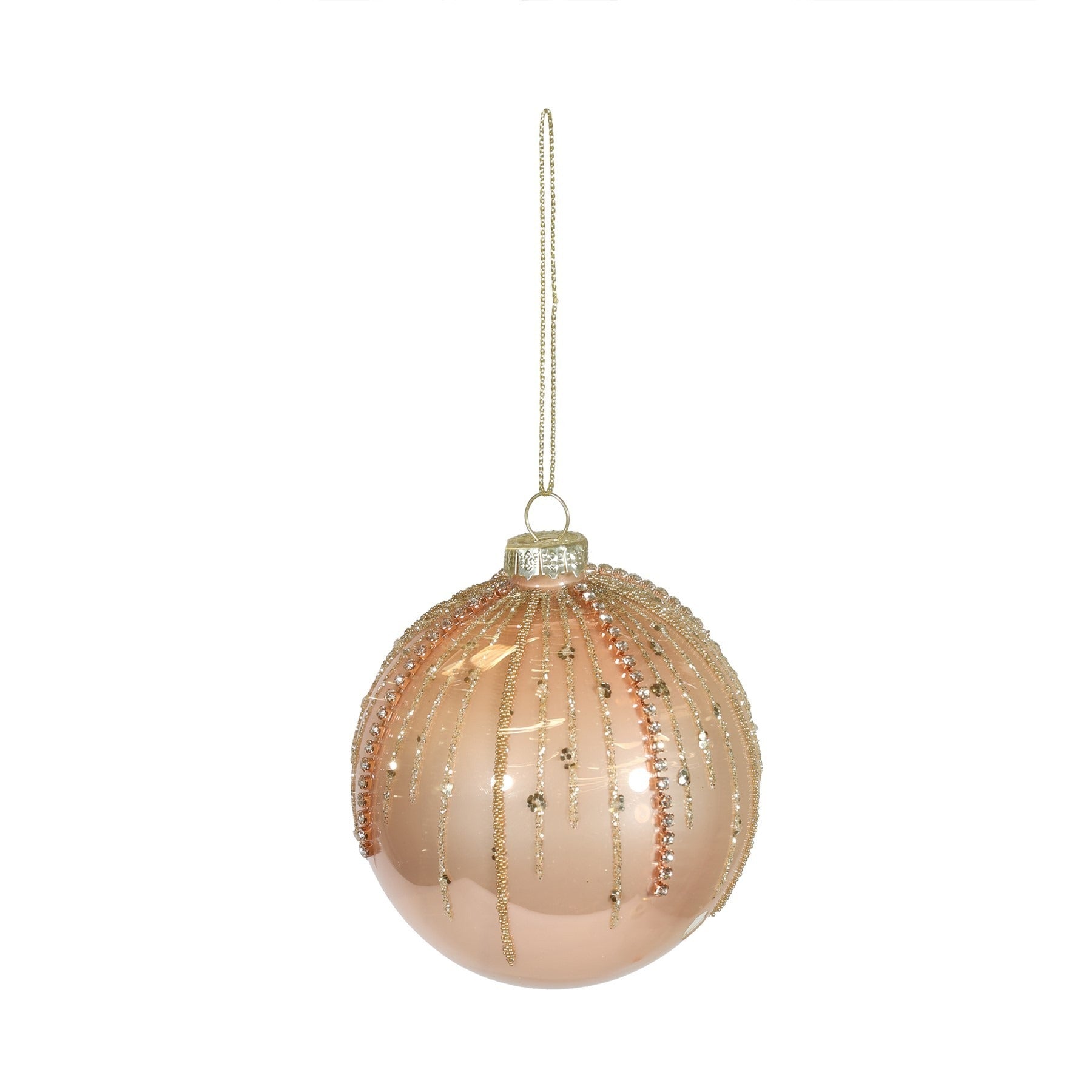 View Rose Gold Glitter Drops Glass Bauble Dia8cm information
