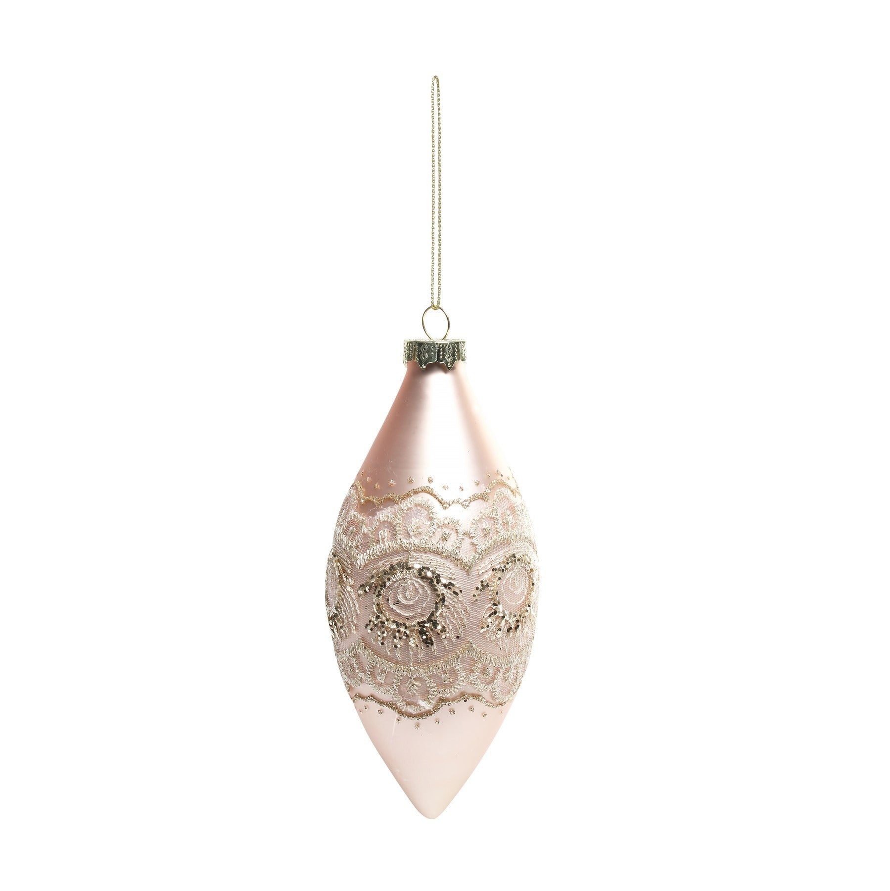 View Pink Glass Droplet Bauble with Lace Detailing H12cm information