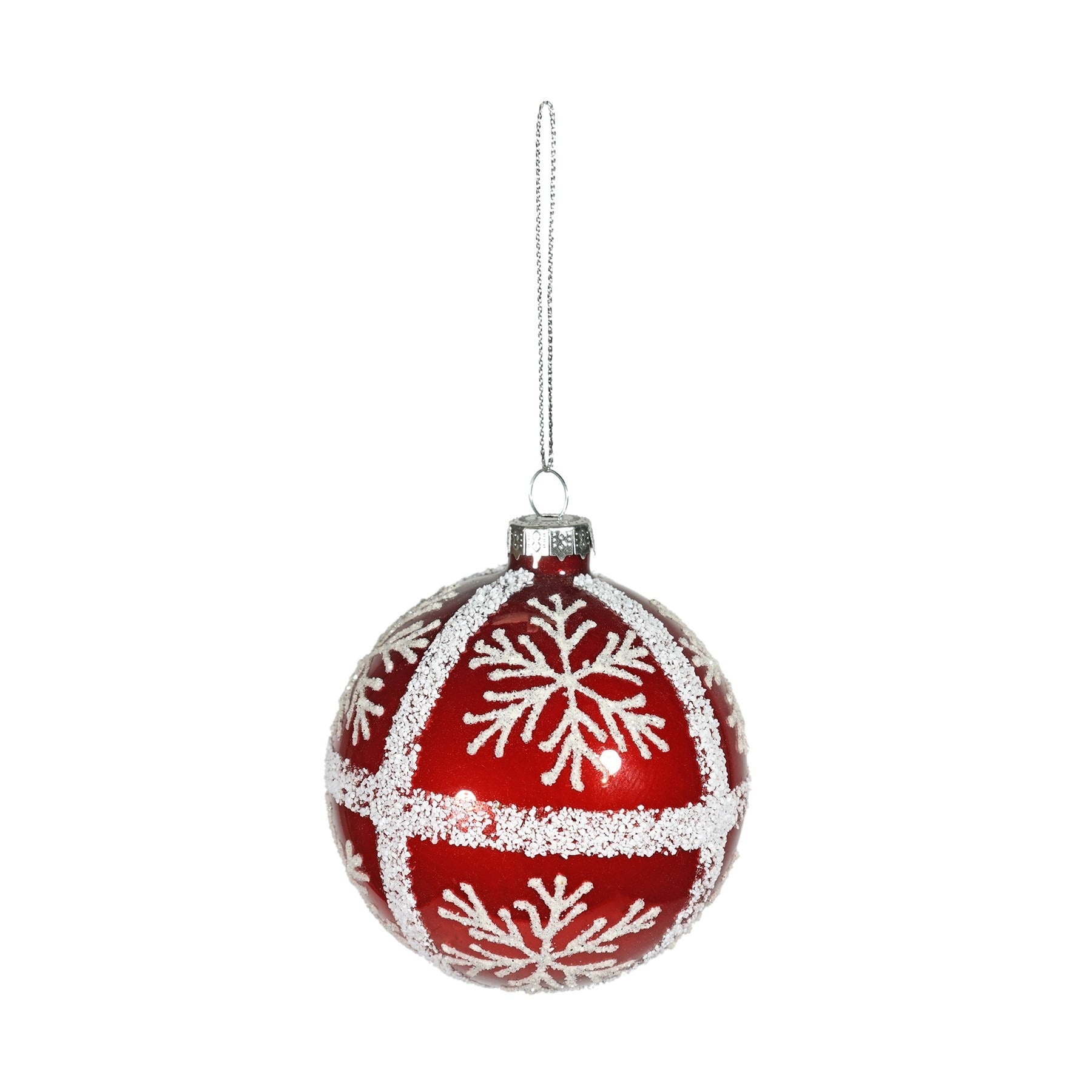 View Red Glass Bauble with White Glitter Snowflakes Dia8cm information