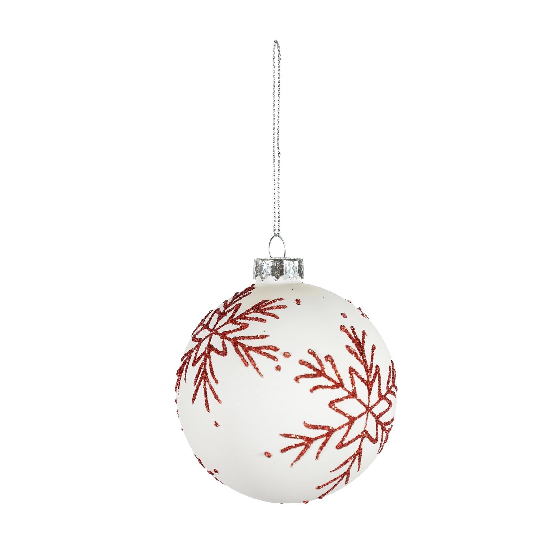 View White Glass Bauble with Red Glitter Snowflake Dia8cm information
