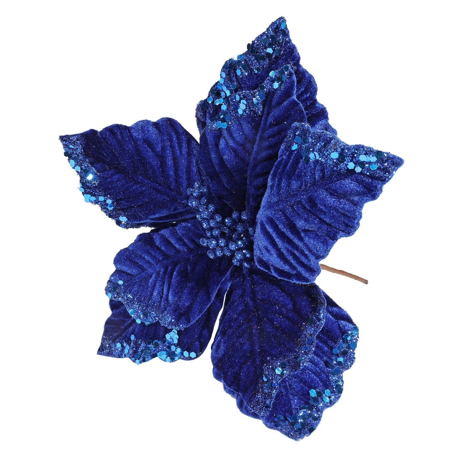 View Royal Blue Velvet Poinsettia with Glitter Edge H24cm information